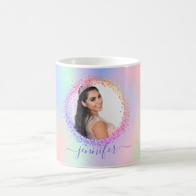 Mug Holographe photo rose violet nom script (Centre)