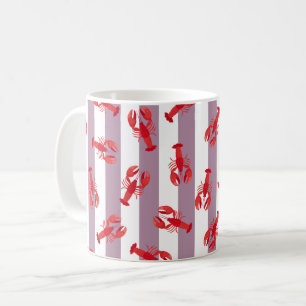 Mug Homards Rouges Illustrés sur Rayures Gris-Rose