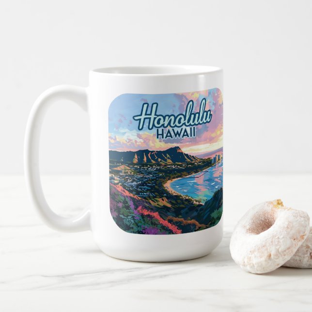Mug Honolulu Hawaii Oahu Waikiki Beach Diamondhead (Avec donut)
