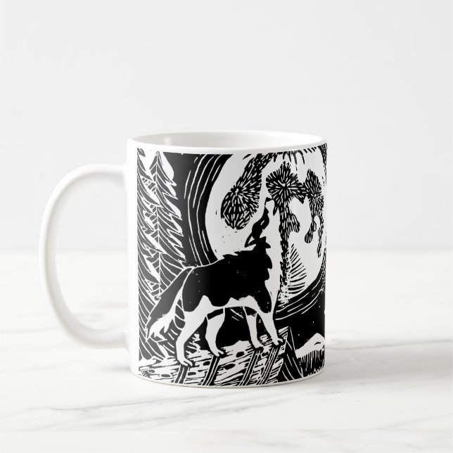 Mug Husky Howling noir et blanc à Night Linocut (Gauche)
