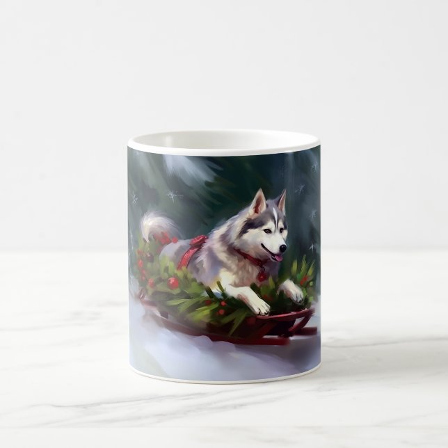 Mug Husky sibérien Noël neige hiver (Centre)