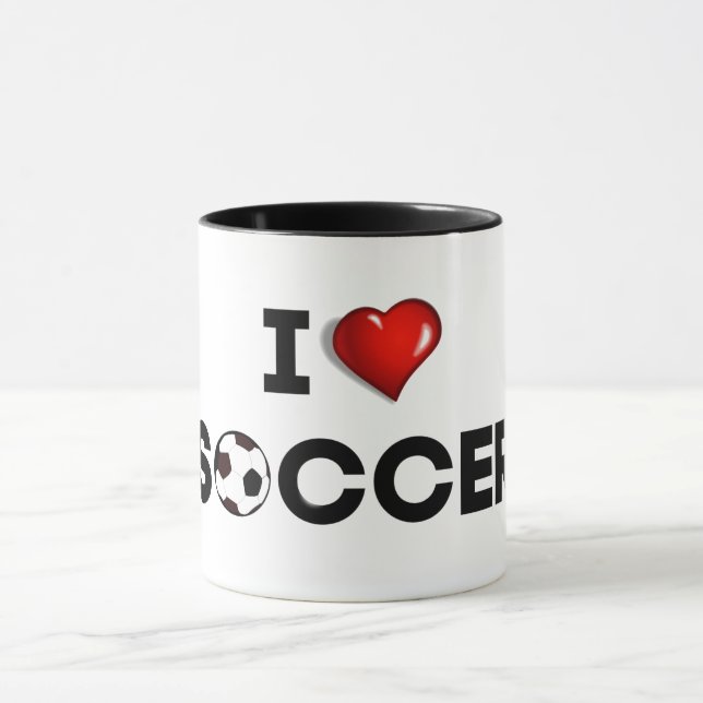 Mug I Love Soccer, texte noir avec coeur rouge (Centre)