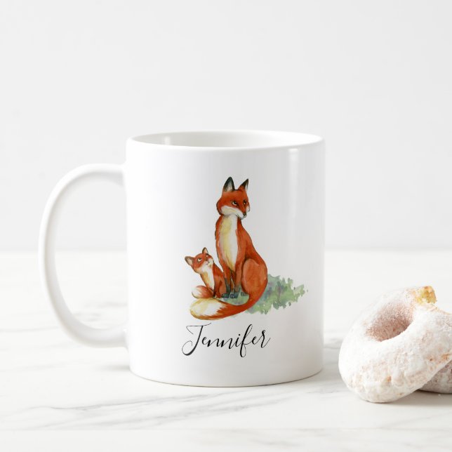 Mug Illustration de l'aquarelle Momma Fox et Baby (Avec donut)