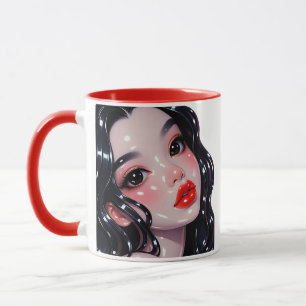 Mug Illustration de portrait Fille brillante Rouge