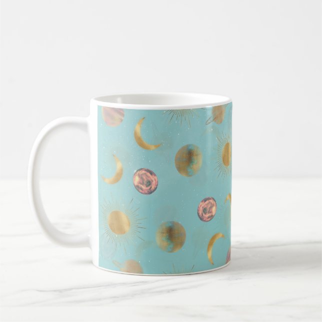 Mug Illustration Gold Sun Moon Planètes Space Blue (Gauche)