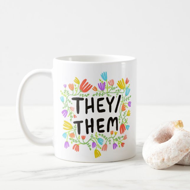 Mug ILS/EUX Pronononouns Arc-en-ciel Floral Wreath Col (Avec donut)