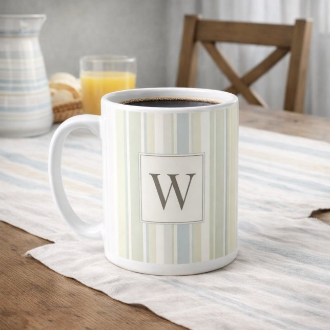 Mug Initial Neutral Dusty Blue Stripe Rustic Farmhouse (Créateur téléchargé)