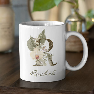 Mug Initial R Boho Floral Orchid Greenery Custom