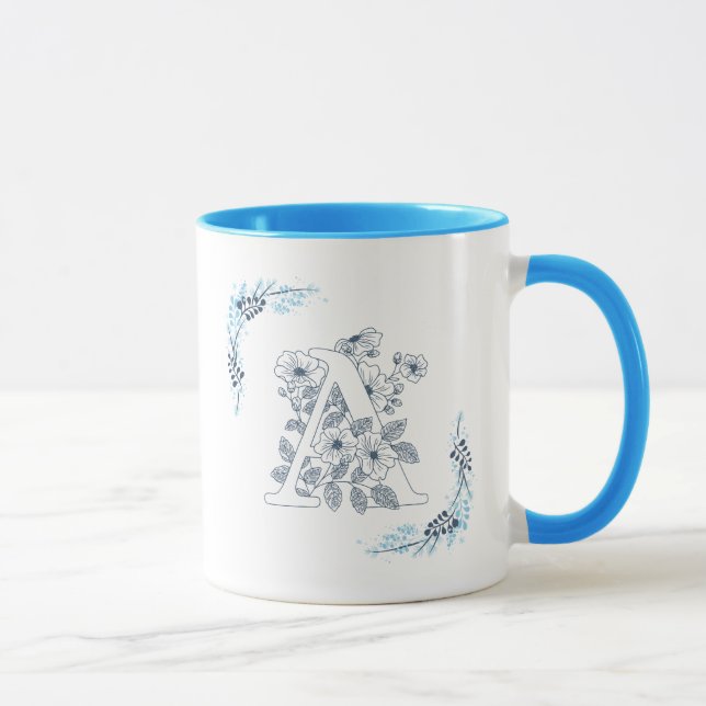 Mug Initiale "A" Monogramme Bleu Calme Café Floral (Droite)