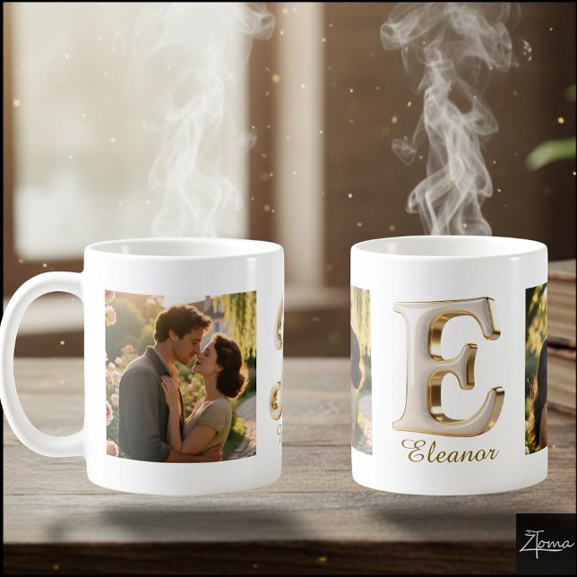 Mug Initiale cursive de luxe or blanc E + 2 PHOTO (Créateur téléchargé)