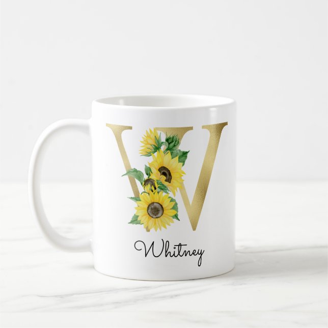 Mug Initiale de tournesol floral or personnalisé W (Gauche)