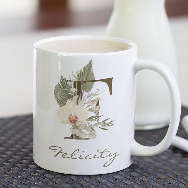 Mug Initiale F Boho Floral Orchid Green Nom personnali (Créateur téléchargé)