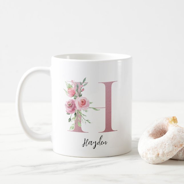 Mug Initiale Florale H Roses Blush Editable Nom (Avec donut)