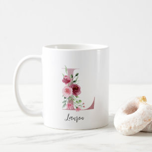 Mug Initiale florale L Roses bordeaux Nom modifiable