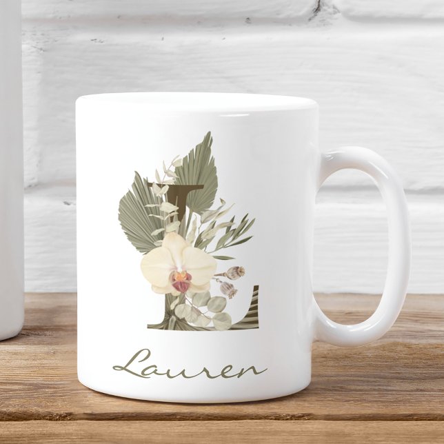 Mug Initiale L Boho Floral Orchid Green Nom personnali (Créateur téléchargé)