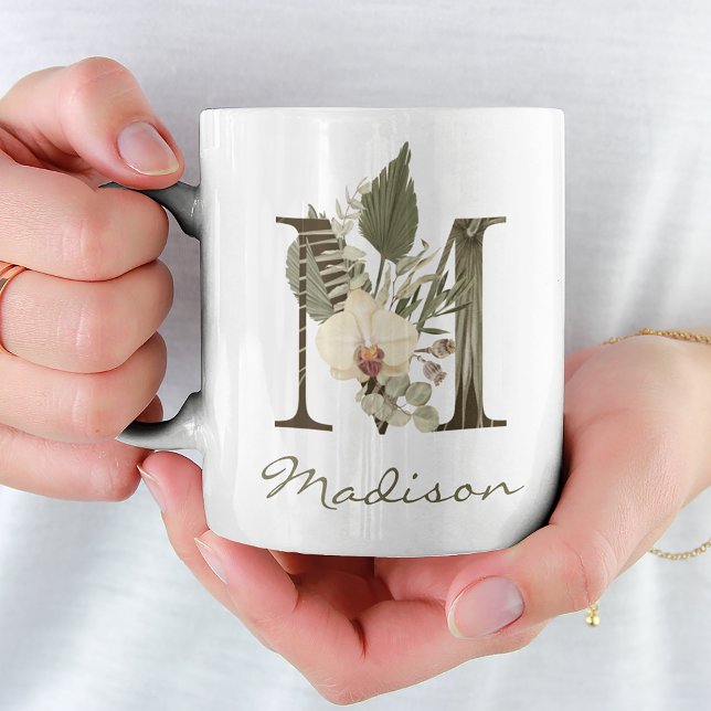 Mug Initiale M Boho Floral Orchid Green Nom personnali (This mug has your name on it, literally! Enjoy the lovely floral orchid design and make it yours.)