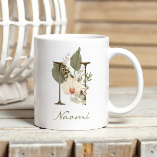 Mug Initiale N Boho Floral Orchid Green Nom personnali