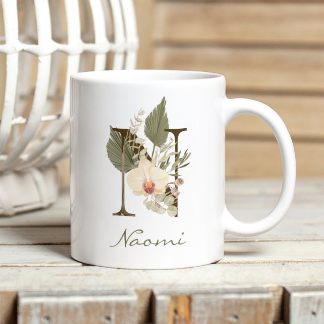 Mug Initiale N Boho Floral Orchid Green Nom personnali (Créateur téléchargé)