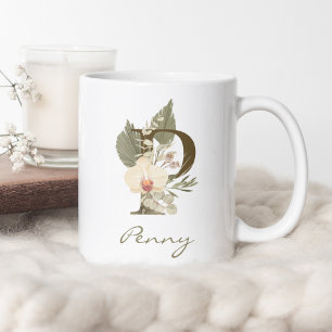 Mug Initiale P Boho Floral Orchid Green Nom personnali