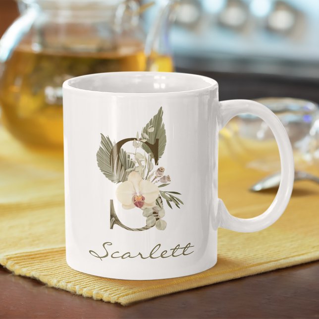 Mug Initiale S Boho Floral Orchid Green Nom personnali (Créateur téléchargé)