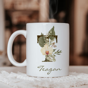 Mug Initiale T Boho Floral Orchid Green Nom personnali