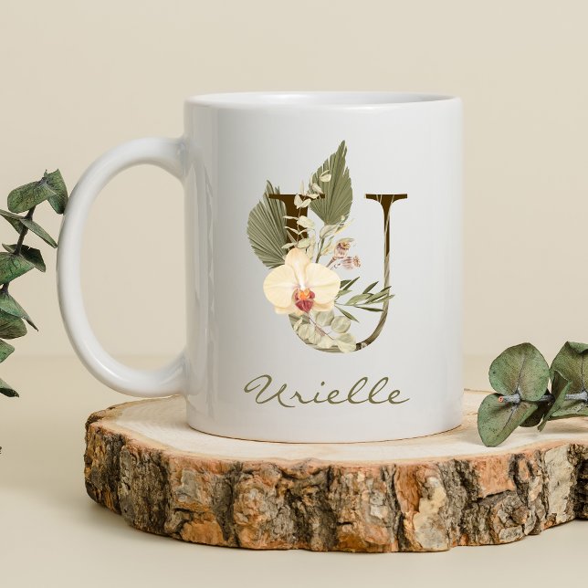 Mug Initiale U Boho Floral Orchid Green Nom personnali (Créateur téléchargé)
