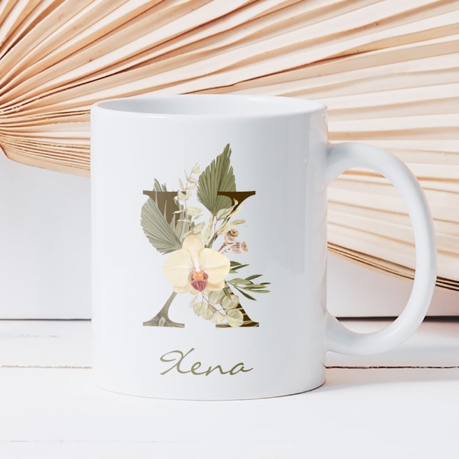 Mug Initiale X Boho Floral Orchid Green Nom personnali (Créateur téléchargé)