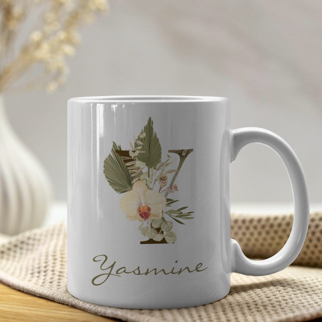 Mug Initiale Y Boho Floral Orchid Green Nom personnali (Créateur téléchargé)