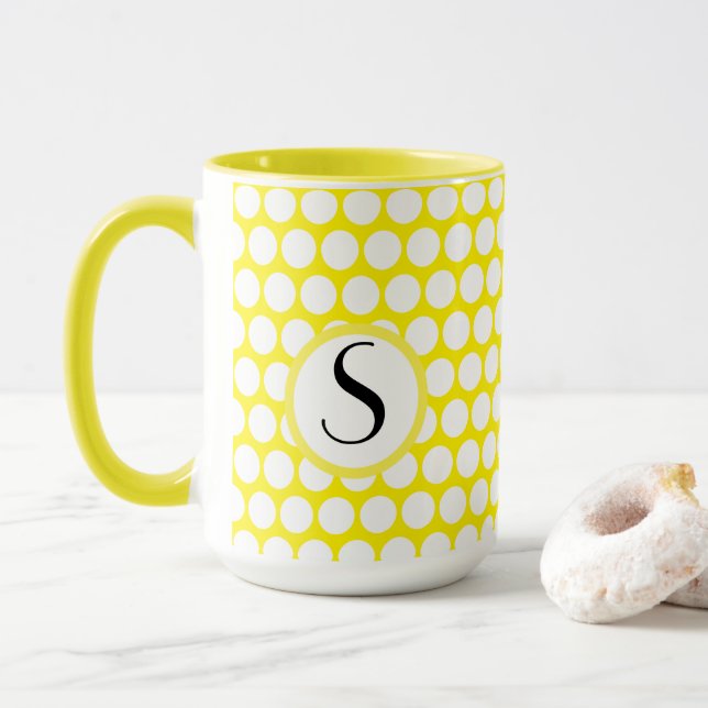 Mug Initiales de monogramme blanc jaune vif à pois (Avec donut)