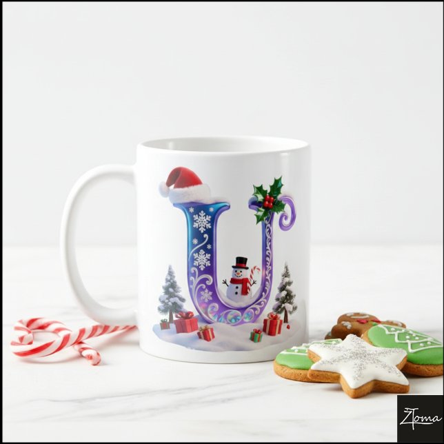 Mug Iridescent Christmas Letter U with Snowman (Créateur téléchargé)