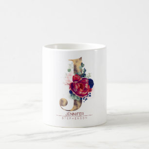 Mug J Monogramme Floral Bourgogne Rouge et Navy Blue