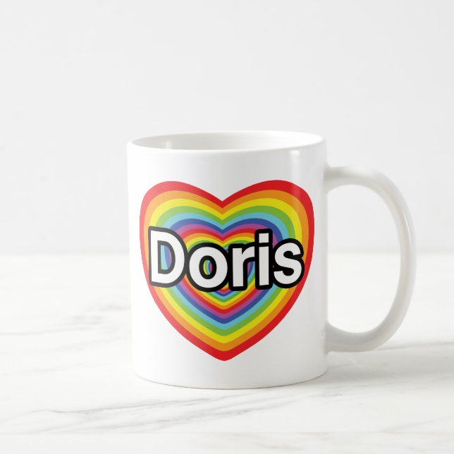 Mug J'aime Doris : coeur d'arc-en-ciel (Droite)