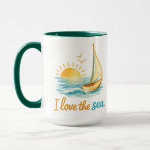 Mug J'aime l'illustration de voilier au coucher du sol