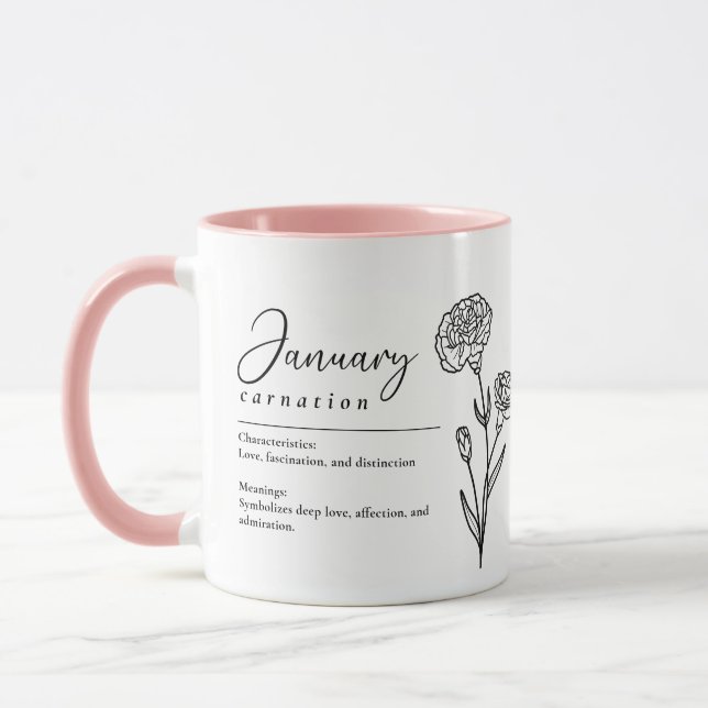 Mug Janvier Mois de naissance Fleur Carnation minimali (Gauche)