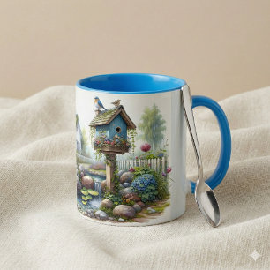 Mug Jardin de maisonnette à l'aquarelle avec nichoir à