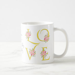 Mug Jaune, gris floral Love typographie Valentines