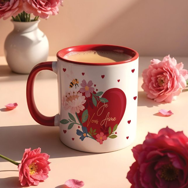Mug Je t'aime Floral Valentines Red Heart Monogramme (I Love You Floral Valentines Red Heart Monogram Mug)