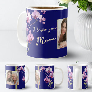 Mug Je t'aime maman orchidée bleu marine photo