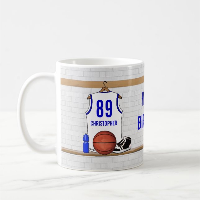 Mug Jersey de basketball blanc et bleu personnalisé (Gauche)