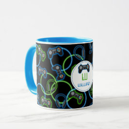 Mug Jeu vidéo Neon Blue & Green Motif Monogramme