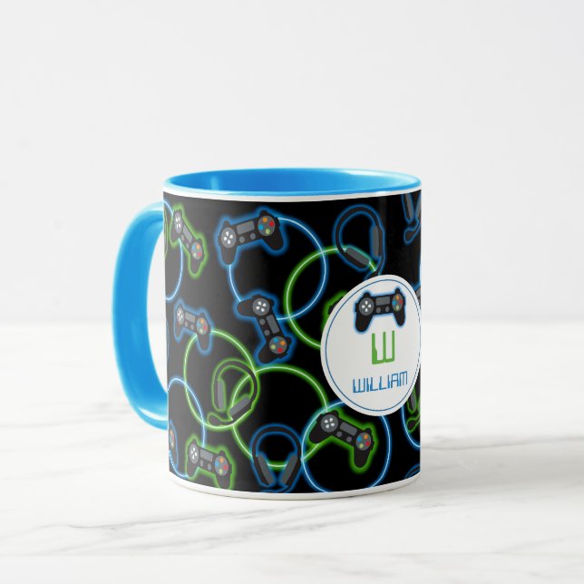 Mug Jeu vidéo Neon Blue & Green Motif Monogramme (Devant gauche)