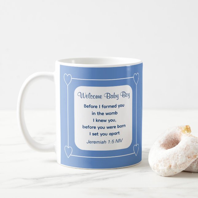 Mug Joli Baby shower Bible Verse Bleu rayé (Avec donut)
