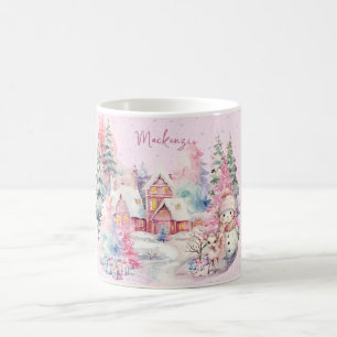 Mug Joli bonhomme de neige rose paysage hivernal perso