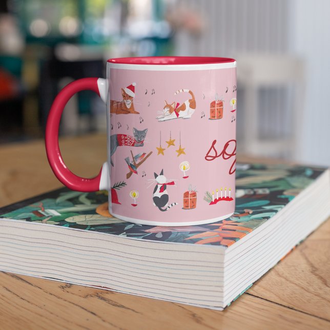Mug Joli chat rétro rose motif de Noël (Christmas Cat Lover Mug Custom Name Pink)