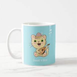 Mug Joli chat tigré roux musical heureux sur fond bleu