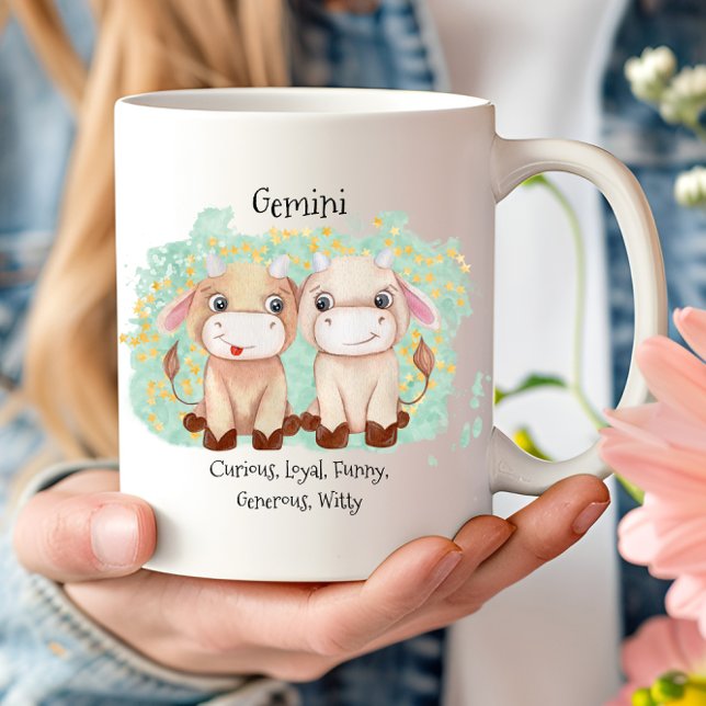 Mug Joli Gemini Twins Aquarelle Bull Zodiac Monogramme (Cute Gemini Twins Watercolor Bull Zodiac Monogram Coffee Mug)