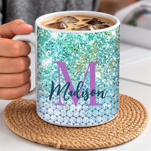 Mug Joli licorne turquoise faux monogramme pailleté