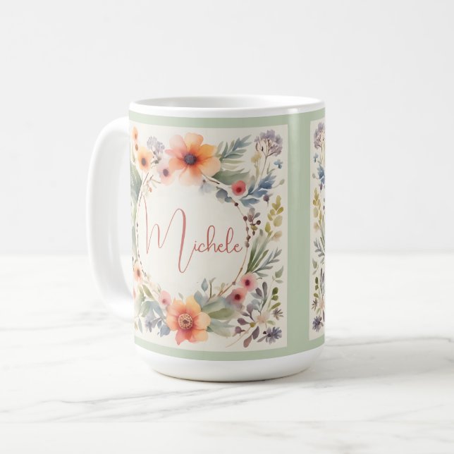 Mug Joli monogramme d'aquarelle florale (Devant gauche)