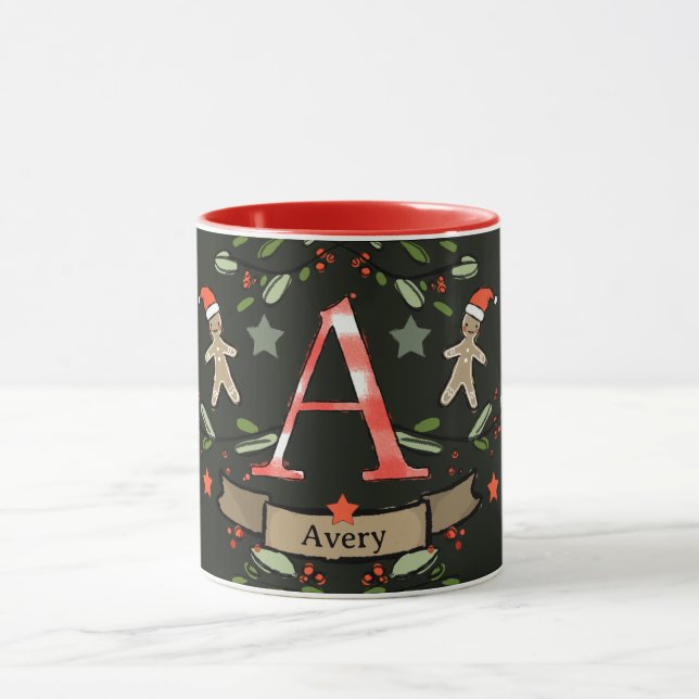 Mug Joli Monogramme de Noël rétro "A" avec le nom (Centre)