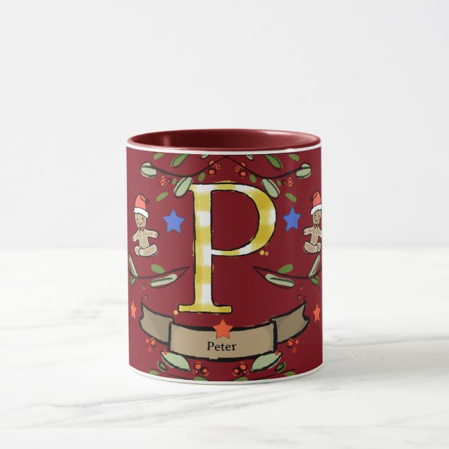 Mug Joli Monogramme de Noël rétro "P" avec le nom (Centre)